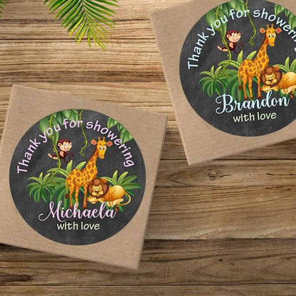 Personalized Baby Shower Jungle Safari Party Favor Stickers. Custom Lion, Monkey and Giraffe Thank You Labels - XOXOKristen