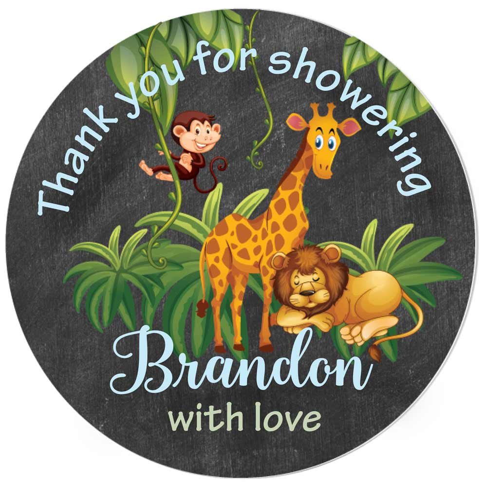 Personalized Baby Shower Jungle Safari Party Favor Stickers. Custom Lion, Monkey and Giraffe Thank You Labels - XOXOKristen