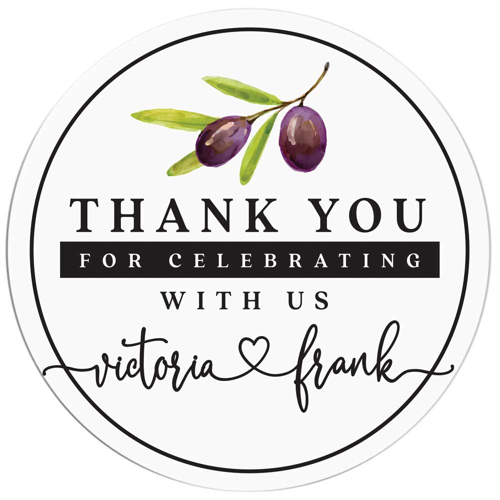 Custom round thank you wedding favor sticker with olive branch design. Entirely personalized wedding favors label - XOXOKristen
