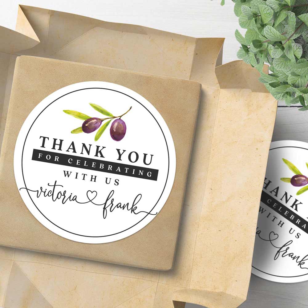 Custom round thank you sticker with olive branch design. Entirely personalized  wedding favors label - XOXOKristen 