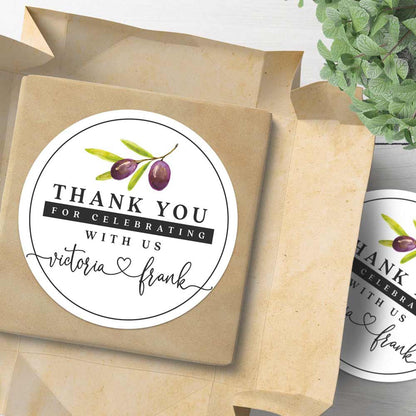 Custom round thank you sticker with olive branch design. Entirely personalized  wedding favors label - XOXOKristen 