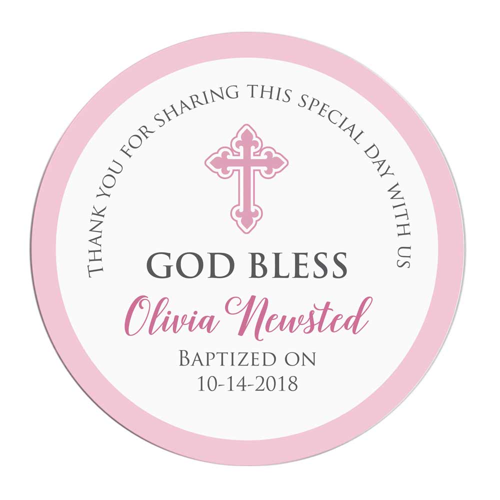 Pink God Bless baptism and christening thank you sticker. Personalized religious label - XOXOKristen.