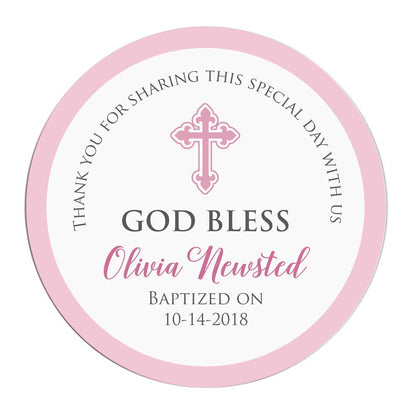 Pink God Bless baptism and christening thank you sticker. Personalized religious label - XOXOKristen.