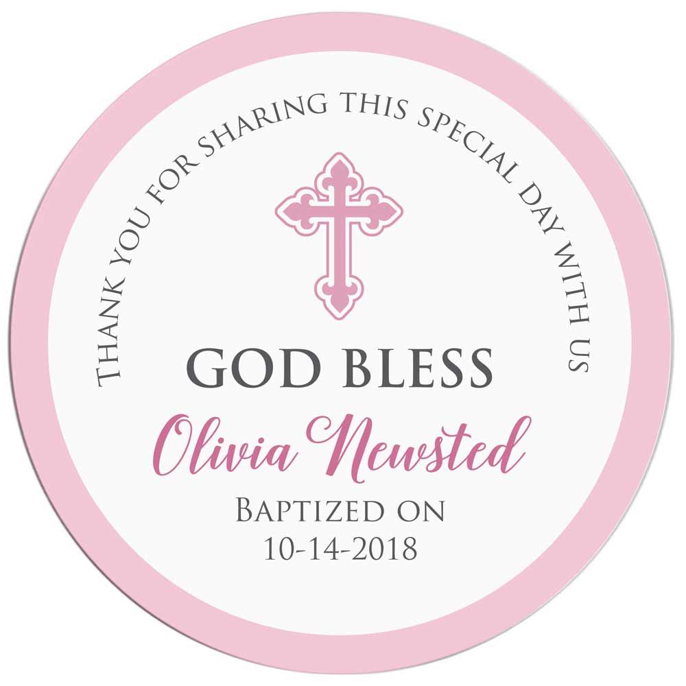 Pink God Bless baptism and christening thank you sticker. Personalized religious label - XOXOKristen.