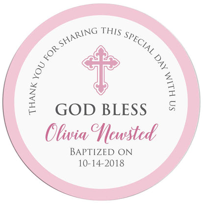 Pink God Bless baptism and christening thank you sticker. Personalized religious label - XOXOKristen.