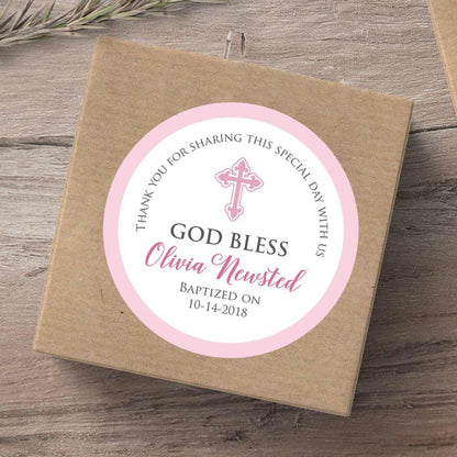  Pink God Bless baptism and christening thank you sticker. Personalized religious label - XOXOKristen.