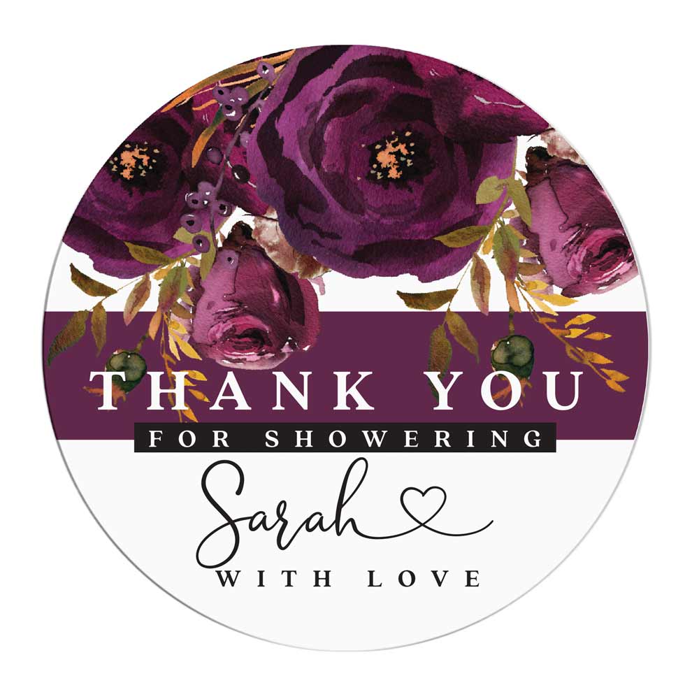 Personalized Plum Flowers Thank you for showering Bridal Shower Thank You Stickers - XOXOKristen
