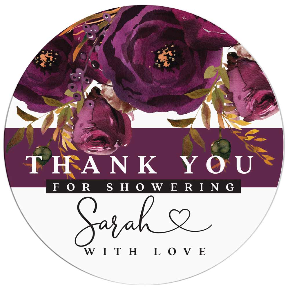 Personalized Plum Flowers Thank you for showering Bridal Shower Thank You Stickers - XOXOKristen