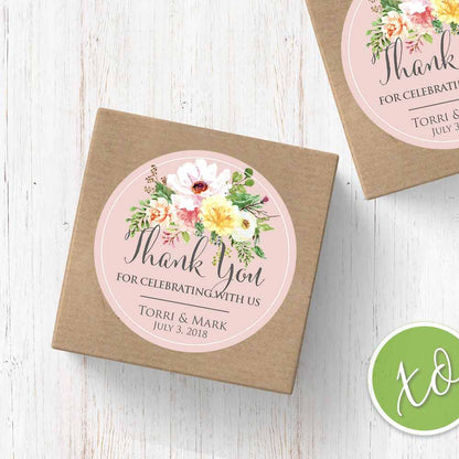 Personalized Blush Wedding Sticker with Garden Flowers. Custom Thank You favor Label - XOXOKristen