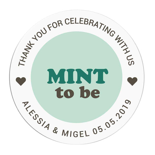 Custom wedding "Mint to be" sticker with retro green design and heart accents. Perfect to use with wedding invitations, thank you cards, save the date, wedding favors or gift bags - XOXOKristen 