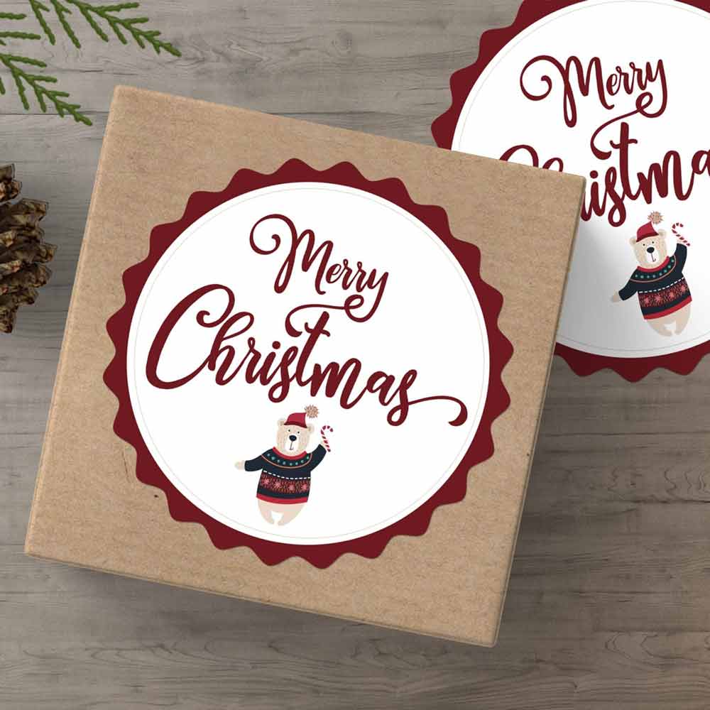 Merry Christmas Red Scalloped Shape Christmas Sticker Label with cute bear with hat - XOOKristen