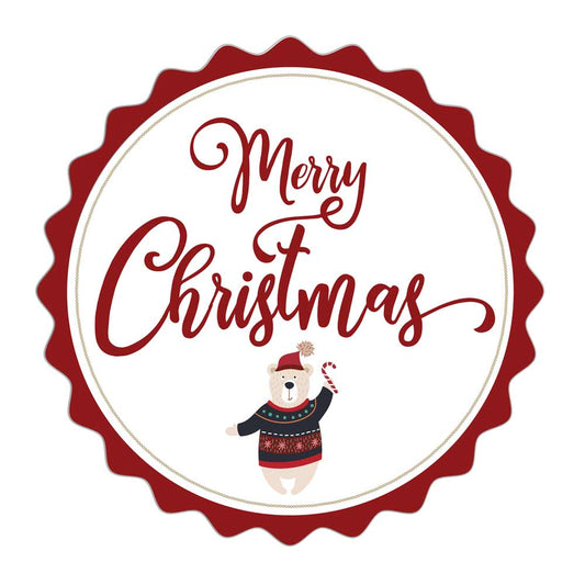 Merry Christmas Red Scalloped Shape Christmas Sticker Label with cute bear with hat - XOOKristen