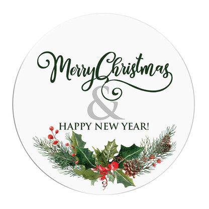 Pine Branch Wreath Cranberies Merry Christmas and Happy New Year Stickers Labels - XOXOKristen