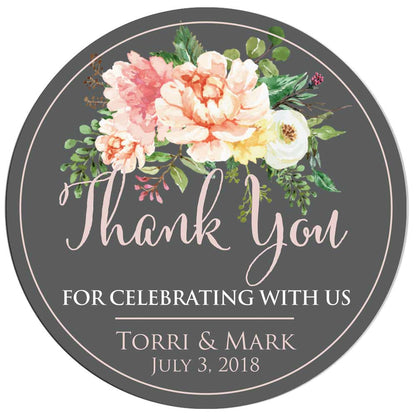 Custom round floral thank you sticker with grey background and pastel flower colors. Entirely personalized  wedding favors label - XOXOKristen