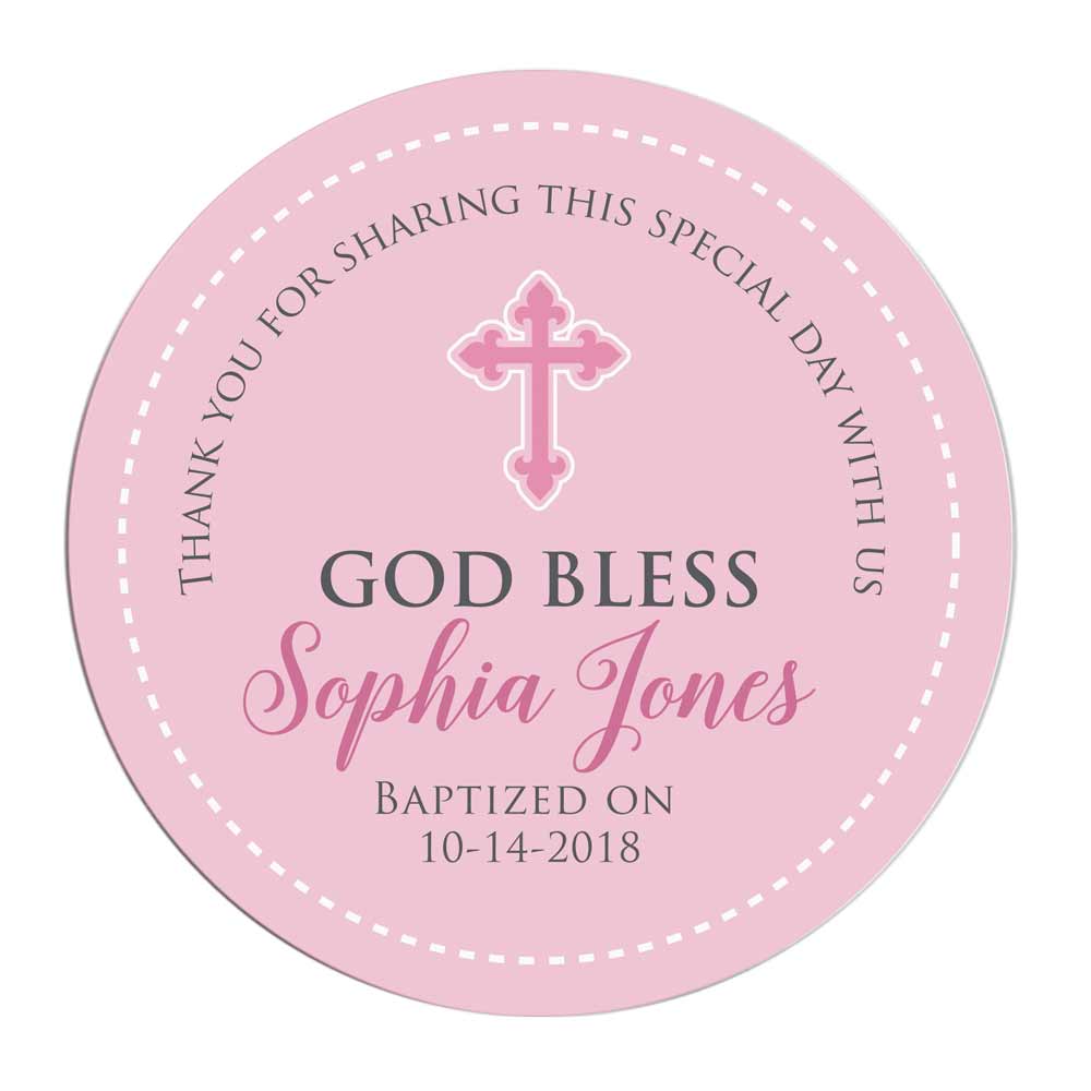Pink Baby Girl baptism and christening thank you favor sticker with cross and god bless. Personalized religious label - XOXOKristen.