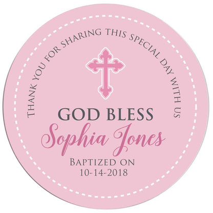 Pink Baby Girl baptism and christening thank you favor sticker with cross and god bless. Personalized religious label - XOXOKristen.