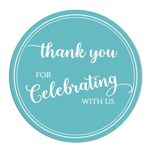 Turquoise "Thank you for celebrating with us" custom label. Suitable for wedding, baby shower, birthday party or engagement party favors or thank you cards. - XOXOKristen