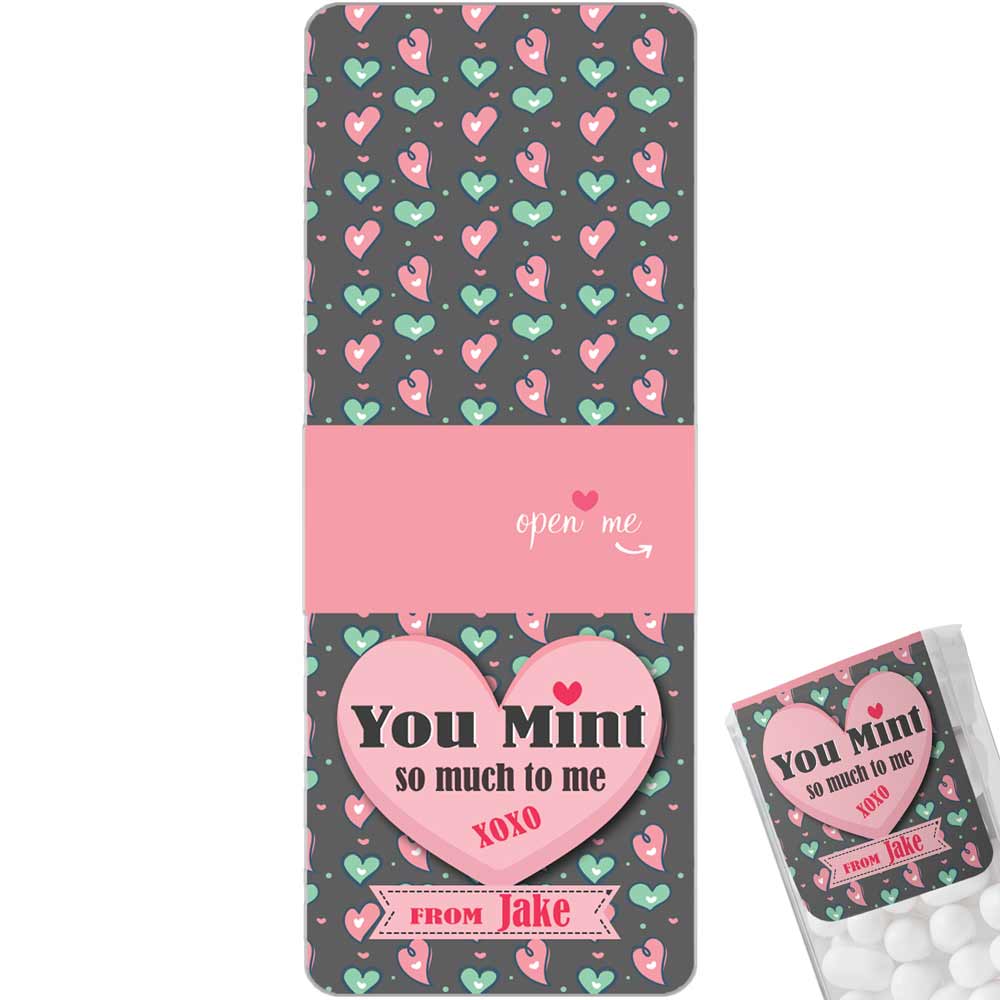 Personalized “You Mint so Much to me” valentine’s day tic tac stickers with adorable pink and green hearts design - XOXOKirsten
