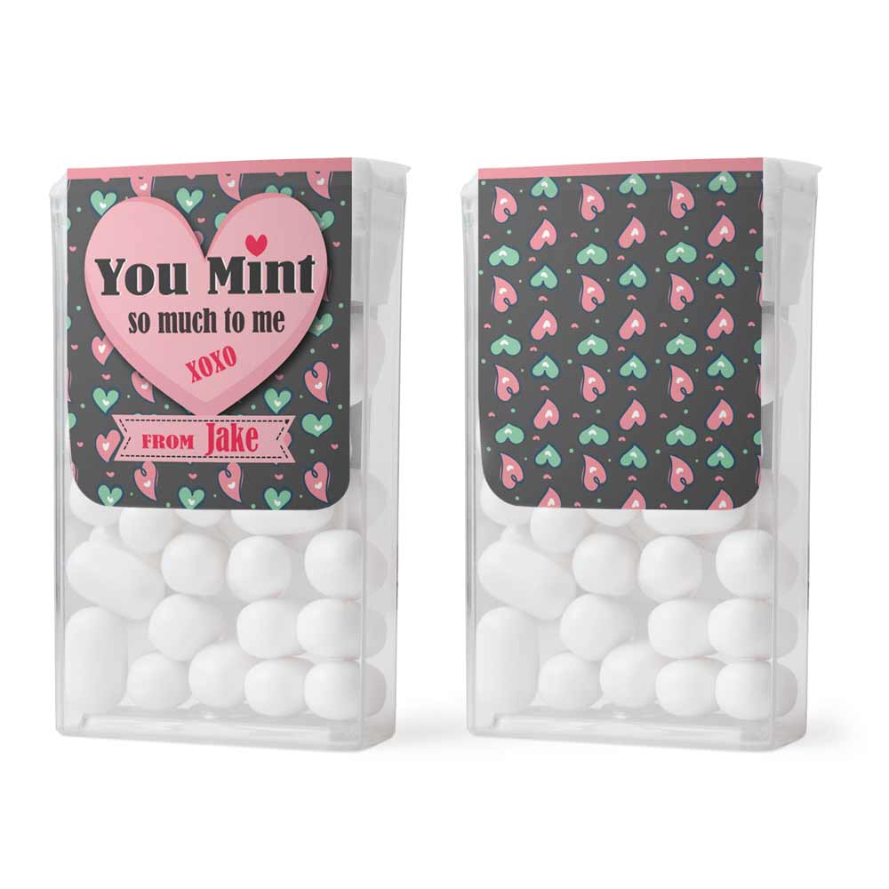 Personalized “You Mint so Much to me” valentine’s day tic tac stickers with adorable pink and green hearts design - XOXOKirsten