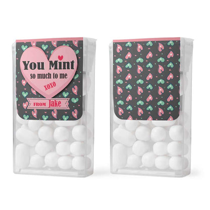Personalized “You Mint so Much to me” valentine’s day tic tac stickers with adorable pink and green hearts design - XOXOKirsten