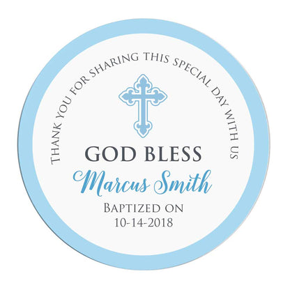 Personalized Christening and baptism Favor sticker for baby boy in blue. Custom religious thank you label - XOXOKristen