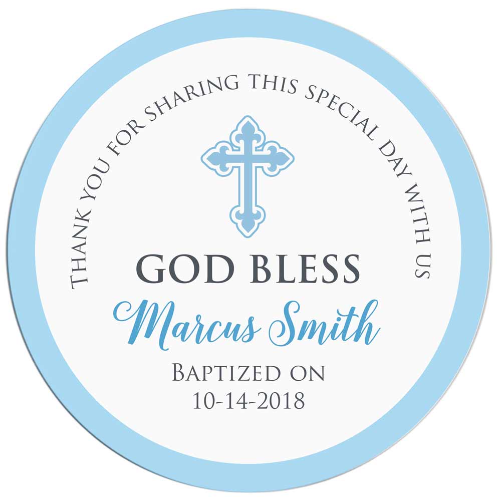 Personalized Christening and baptism Favor sticker for baby boy in blue. Custom religious thank you label - XOXOKristen