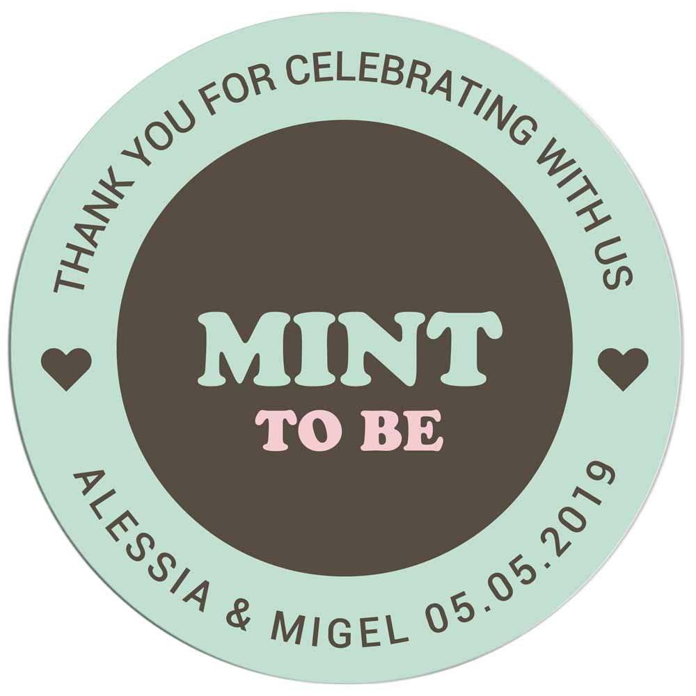 Custom wedding "Mint to be" sticker with retro green and brown design and heart accents. Perfect to use with wedding invitations, thank you cards, save the date, wedding favors, gift bags or party treats -XOXOKristen 