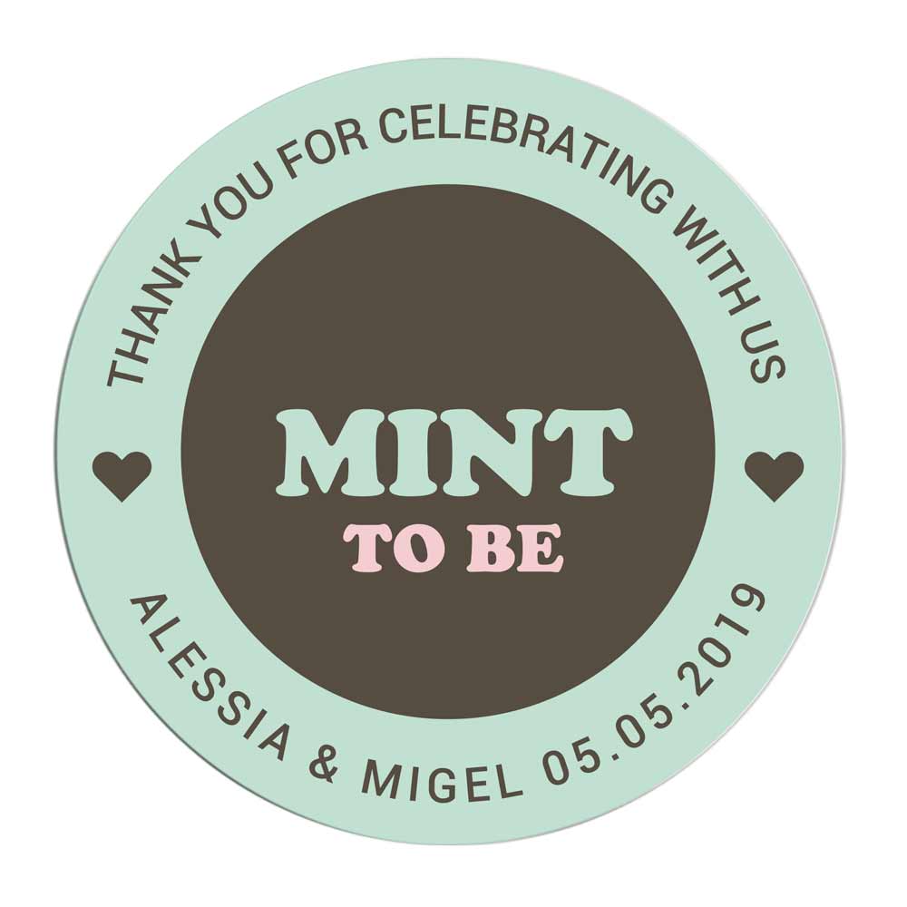 Custom wedding "Mint to be" sticker with retro green and brown design and heart accents. Perfect to use with wedding invitations, thank you cards, save the date, wedding favors, gift bags or party treats -XOXOKristen 