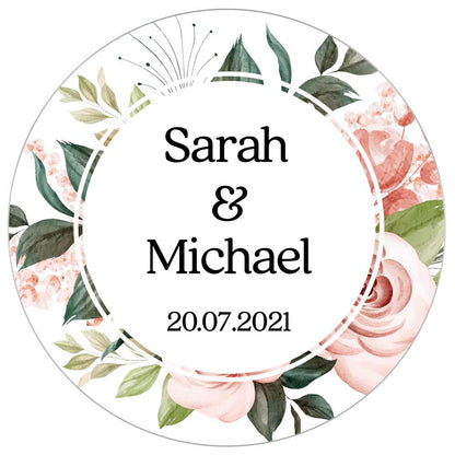 Floral wedding favor sticker with names and date - XOXOKristen