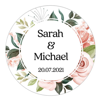 Floral wedding favor sticker with names and date - XOXOKristen