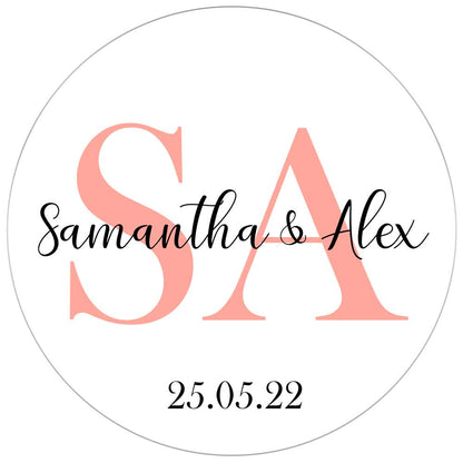 Monogram wedding favor stickers with romantic hand-lettered names -  XOXOKristen