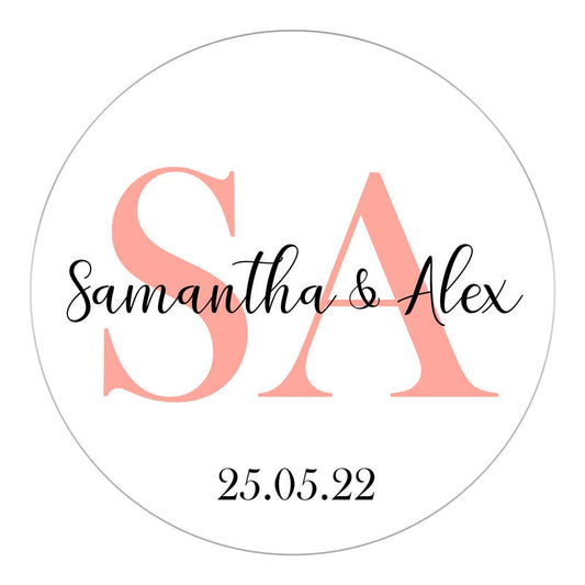 Monogram wedding favor stickers with romantic hand-lettered names -  XOXOKristen