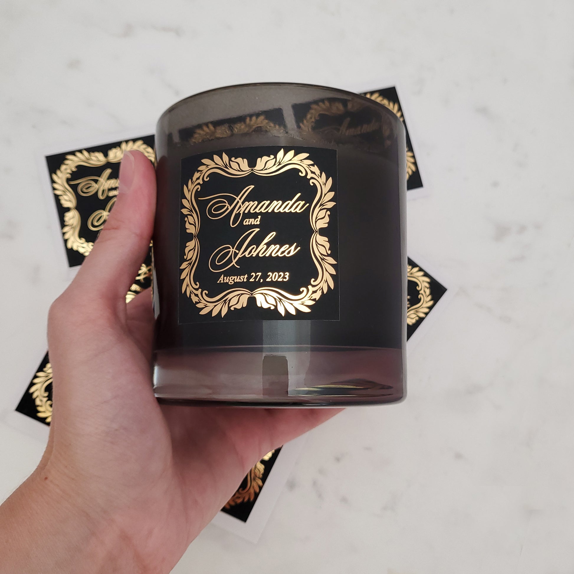 luxurious black velvet wedding favor stickers with gold foil - XOXOKristen