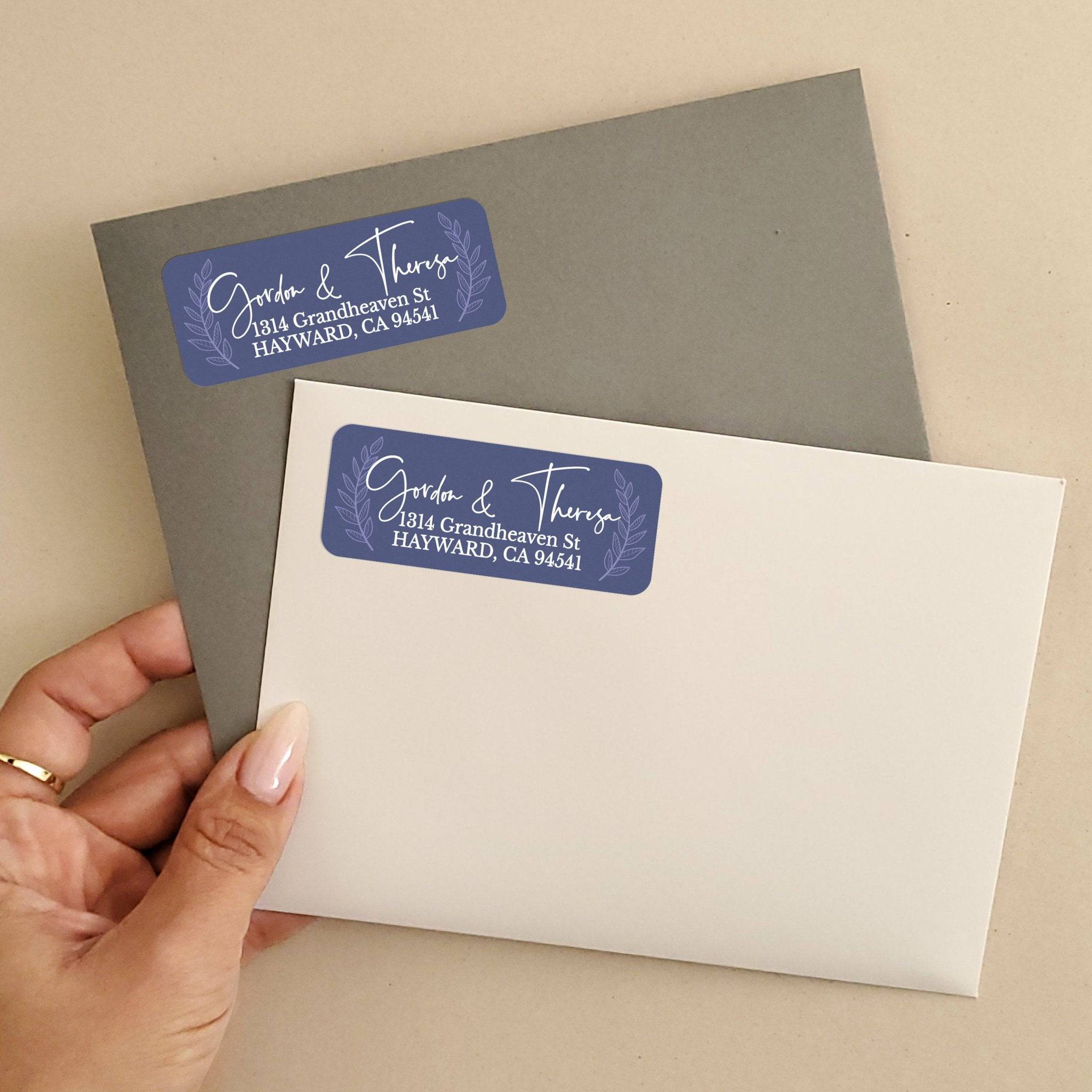 Personalized navy rectangular return address label with delicate laurel leaf design in soft gray and modern white calligraphy text - XOXOKristen