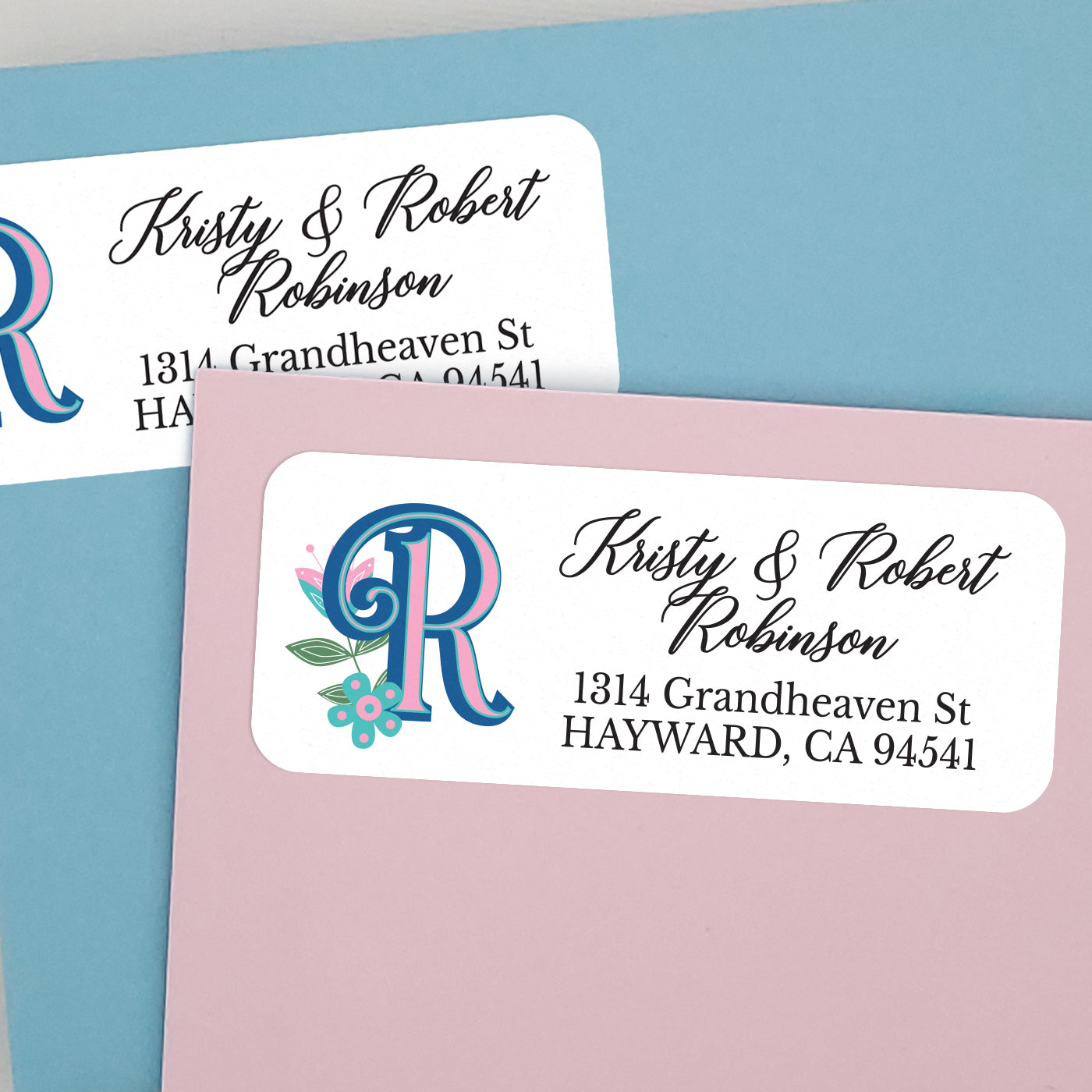 custom return address labels with monogram pink and blue retro design -  XOXOKristen