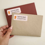 Personalized rectangular return address label with beige background, featuring a festive gingerbread man illustration and bold black typography - XOXOKristen