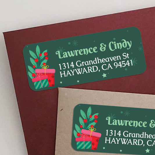 custom christmas address label sticker with green present design - XOXOKristen