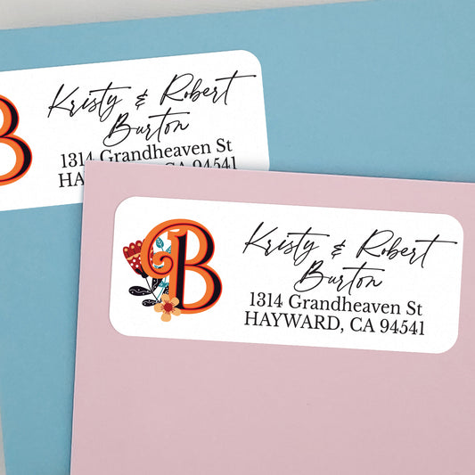 monogram return address labels with orange retro design - XOXOKristen