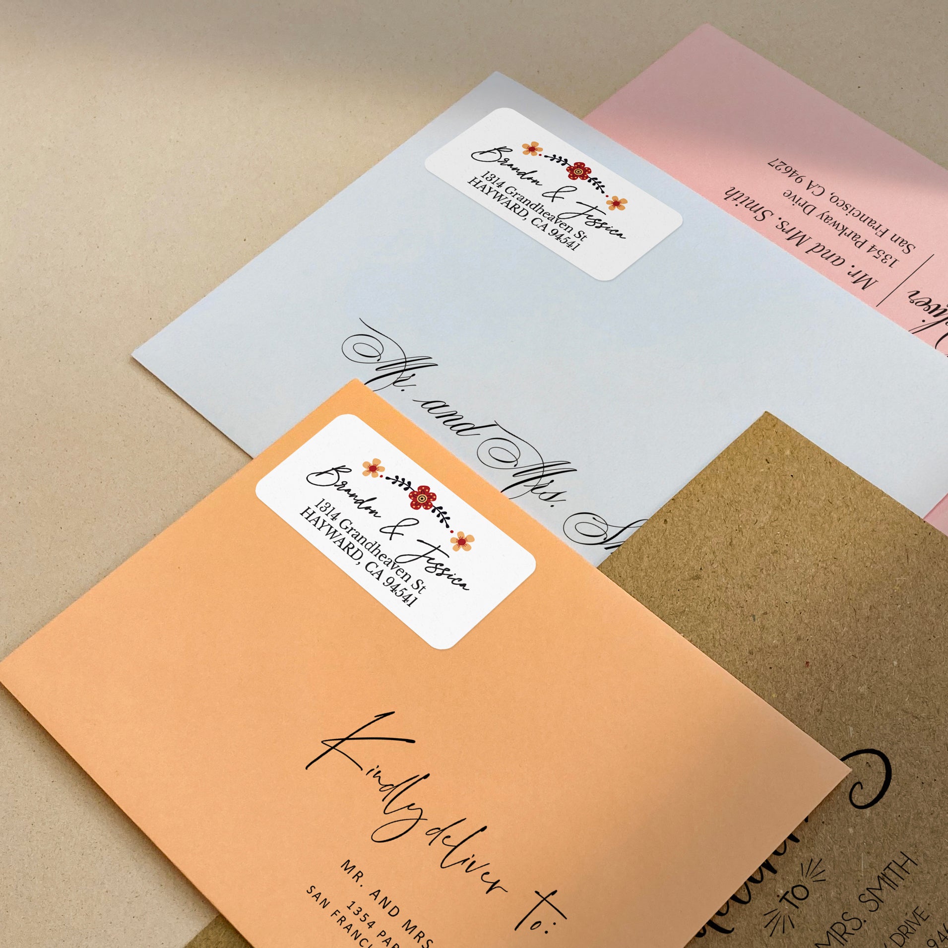 white floral return address labeld with red and orange flower design - XOXOKristen