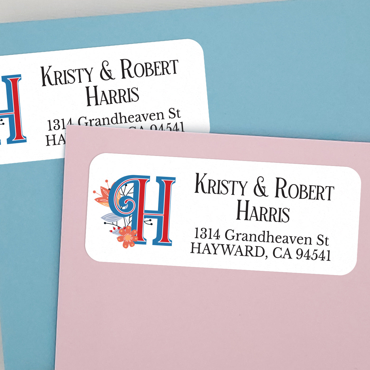 custom return address labels with retro blue and orange design - XOXOKristen