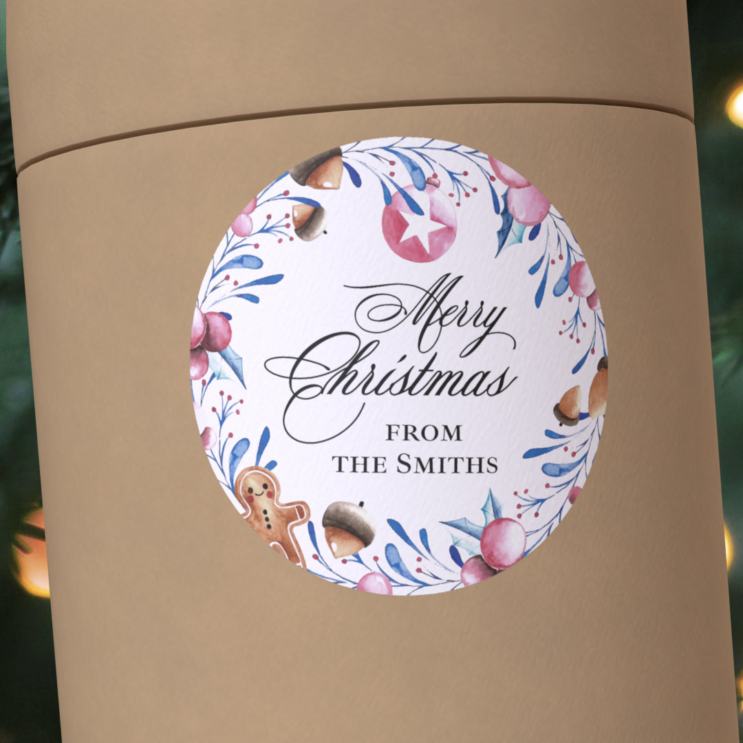 personalized Merry Christmas round stickers with blue gingerbread wreath design - XOXOKristen