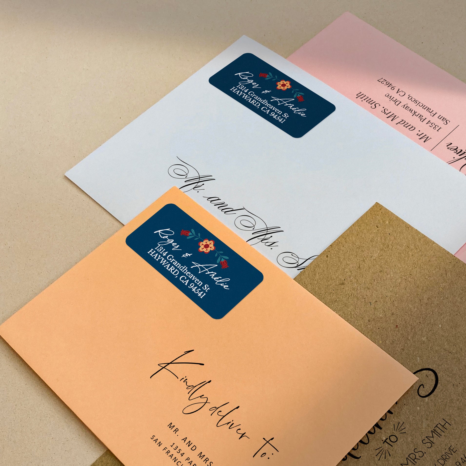 dark blue custom return address label with red floral design - XOXOKristen