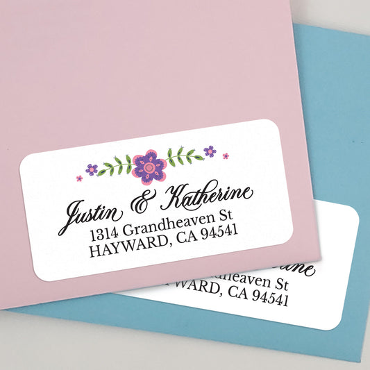 custom white addres label stickers with purple flower design and calligraphy font - XOXOKristen