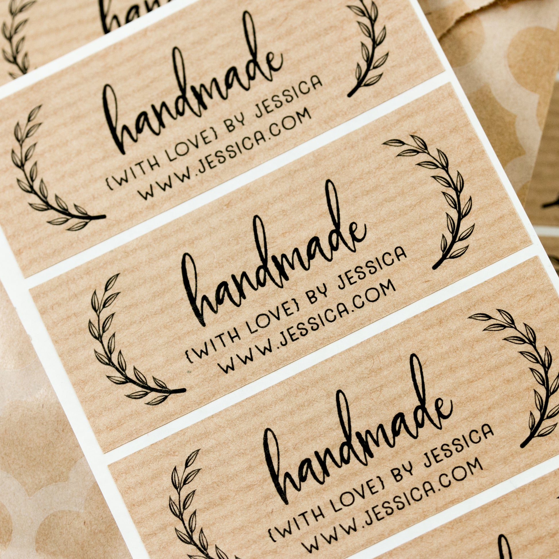 Handmade with love personalized kraft stickers, with brand namde and website -  XOXOKristen
