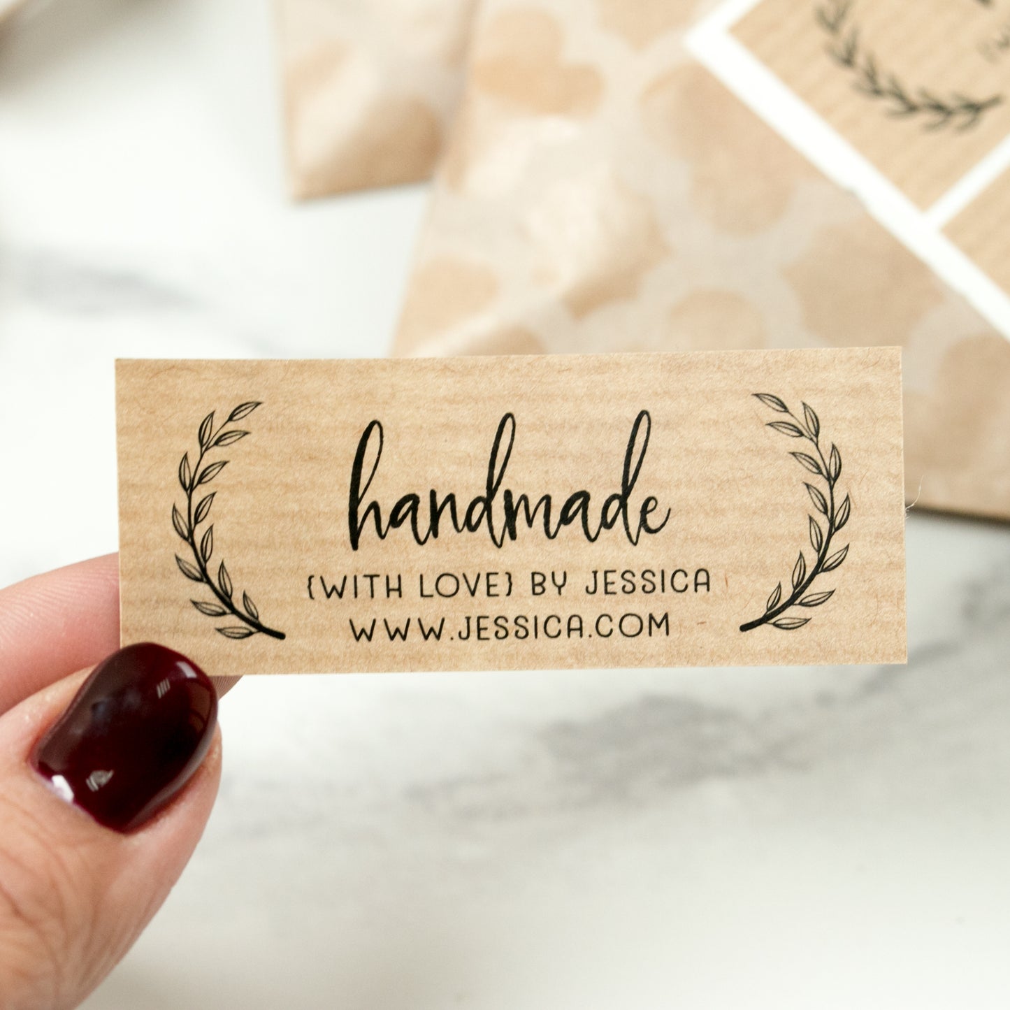 Handmade with love personalized kraft stickers, with brand namde and website -  XOXOKristen