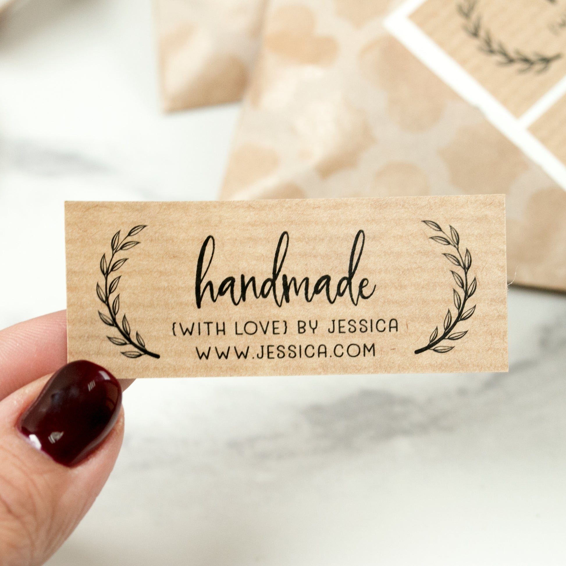 Handmade with love personalized kraft stickers, with brand namde and website -  XOXOKristen