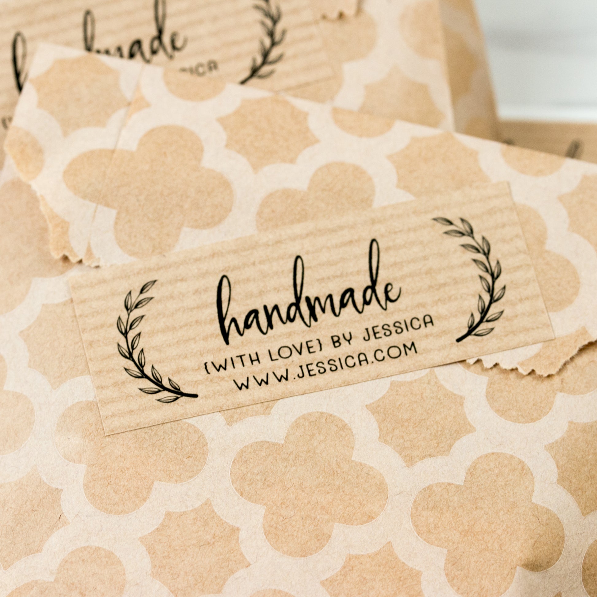 Handmade with love personalized kraft stickers, with brand namde and website -  XOXOKristen