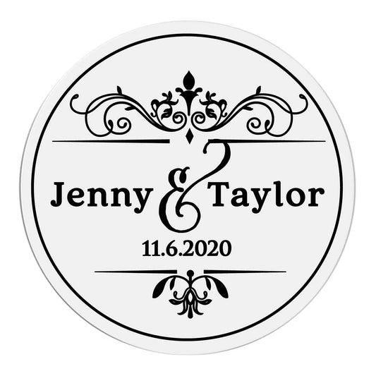 Custom wedding sticker with ornaments and gold foiled lettering. Entirely personalized clear labels.