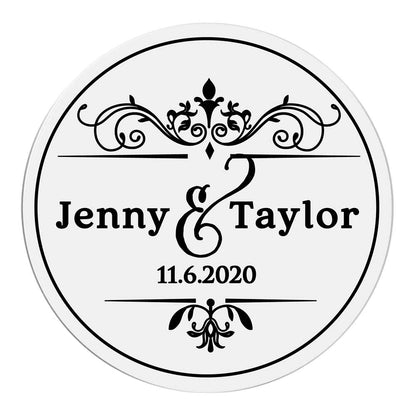 Custom wedding sticker with ornaments and gold foiled lettering. Entirely personalized clear labels.