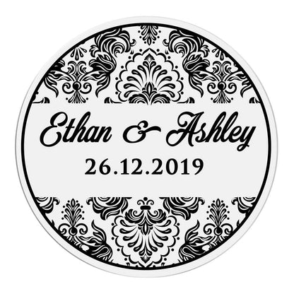 Custom wedding sticker with ornaments and gold foiled lettering. Entirely personalized clear labels.  